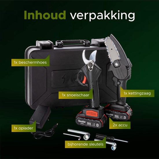 Qualitá® Elektrische Gartenschere - 2 in 1 Mini-Kettensäge - Blumenschere, Astschere, Heckenschere elektrisch - 2 Akkus mit Ladegerät - inkl. Aufbewahrungsbox Gartengeräte