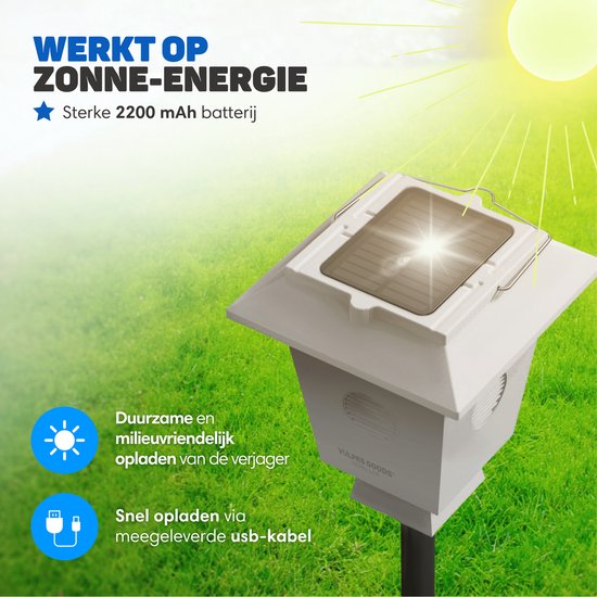 Vulpes Goods® Bird Repellent PRO - Vogelabwehr - Ultraschall - Tierfreundlich - Solar­betrieben - Weiß/Schwarz