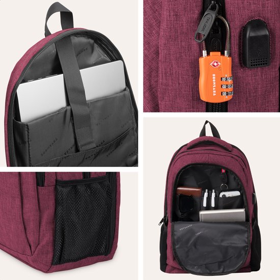 TRVLMORE Rucksack mit Lifetime - Rucksack mit 17 Zoll Laptopfach - Schultasche - spritzwassergeschützt - Männer und Frauen - Jungen und Mädchen - 36L - Burgunderrot