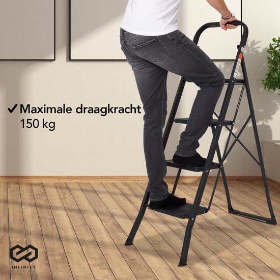 Infinity Goods Stabile Haushaltsleiter 4 Stufen - Küchentreppe zusammenklappbar - Antirutsch - Treppenleiter - faltbar - Metall - Schwarz