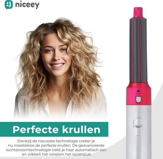 Niceey Haartrocknerbürste - Lockenstab 5-in-1 Set - Airstyler - Multistyler - Stylingbürste - Lockenstab mit Aufsätzen - Haartrockner mit Bürste - Mit Handschuh - Lockenbürste - Haarbürste - 2025 Modell - Grau/Lila
