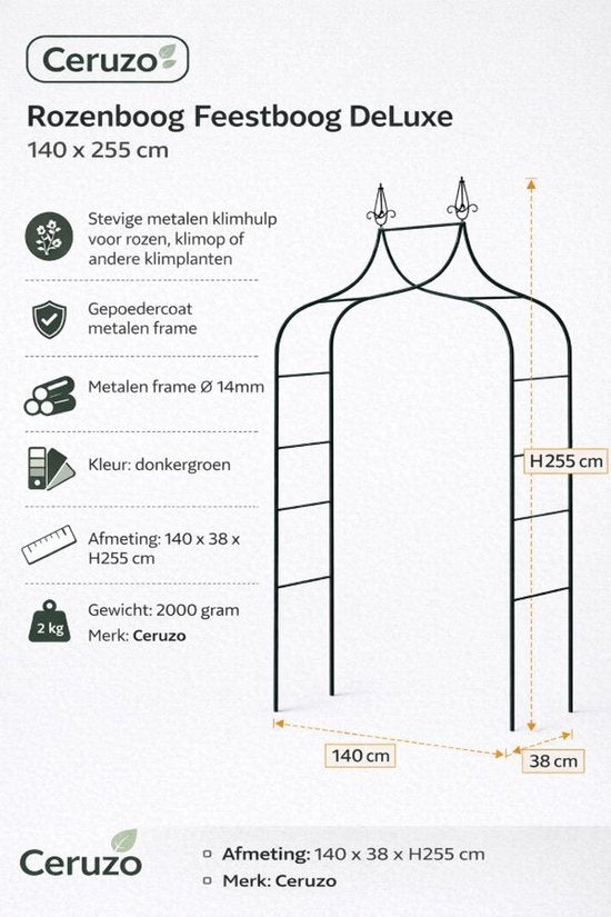 Ceruzo Rosenbogen 255 cm - Gartenbogen aus Metall - Kletterhilfe - Partybogen - Dunkelgrün