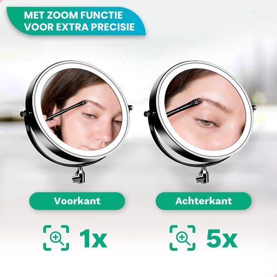 Make-up-Spiegel mit Led-Beleuchtung - 5X Vergrößerung - Wandspiegel rund - Rasierspiegel Wandmodell - Badezimmer - Dusche - Schwarz