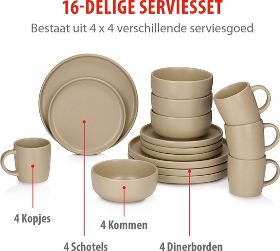 alpina Geschirrset 16-teilig - Geschirrset 4 Personen - Steingutgeschirr - Frühstücksteller, Essteller, Schüsseln und Becher - Mikrowellen- und spülmaschinenfest - Sand