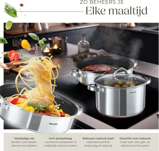 tectake Pfannenset - Edelstahl - Geeignet für Induktion, Gas und Elektro - 15-teilig - Spülmaschinenfest - Für zu Hause oder beim Camping - Pfannen mit Deckel