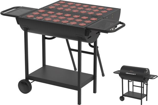 KitchenBrothers 2-in-1 Charcoal BBQ XL - Einstellbare Lüftungsschlitze - Doppel-BBQ - Beistelltische - Grillrost BBQ - Schwarz