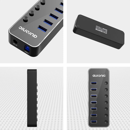 Auronic USB Hub 3.0 - USB Splitter mit 7 Ports - mit Netzteil - 5 GBPs - Led-Anzeige - Schwarz