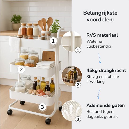 Küchenwagen auf Rollen - 3 Schichten - Küchenregal - Servierwagen - Schrank - Wagen - Aufbewahrung - Duschkabinen stehend - Regal - Weiß - Luft