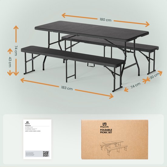LifeGoods Faltbares Picknick-Set - 180cm x 74cm - Gartentisch mit 2 Bänken - Wetterfest - Campingtisch - Biertisch faltbar - Für Innen und Außen - Für 6 bis 8 Personen - Rattan Schwarz