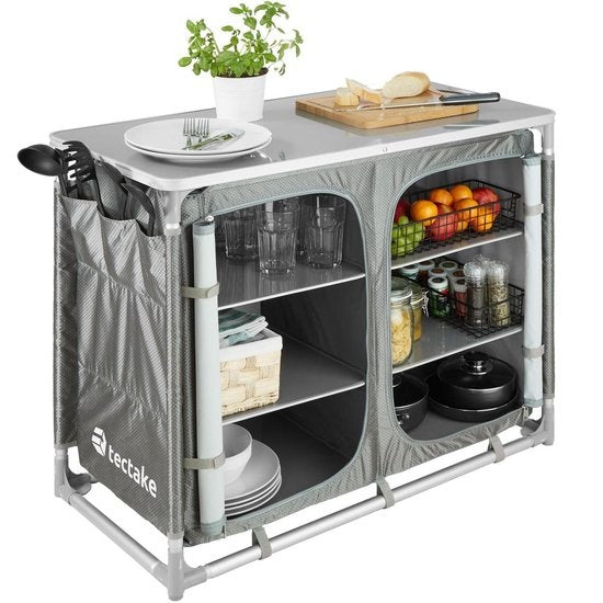 tectake - Campingschrank 97x47,5x78cm - klappbar - abschließbare Fächer - stabile Arbeitsflächen - praktische Seitentaschen - grau