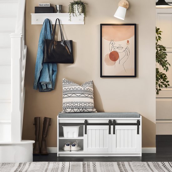 SoBuy Schuhregal mit Schiebetüren - 6 Fächer Schuhbank - Für den Eingangsbereich - 90x35x46 cm - Weiß