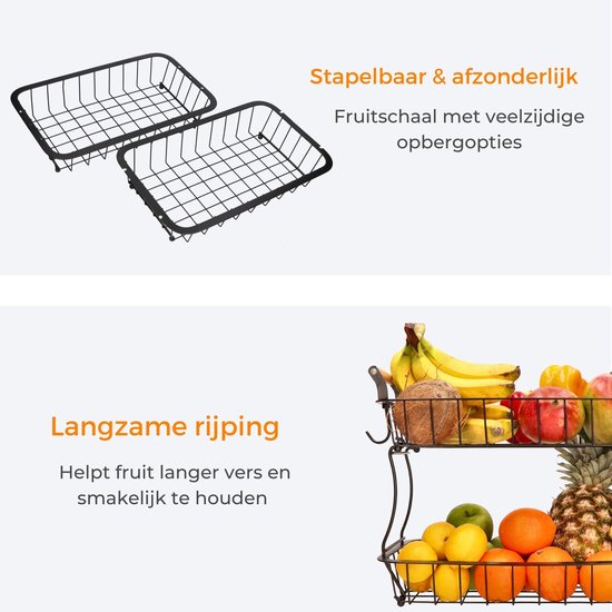 Posity Fruit Bowl 2 Layer - Obstkorb - Obst Etagere - Gemüsekorb - Drahtkorb - Mit Bananenhalter - Holz & Metall - Schwarz
