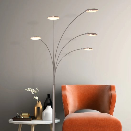 Mexlite Stehleuchte Synna - Schwenkbare, dimmbare LED-Bogenleuchte - Modernes Design - Mit 5 Lichtquellen (4,5W) - 235 cm Kabel - Stahl und Glas