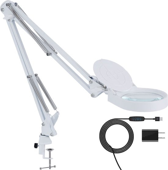Earkings Lupe mit Beleuchtung - Lupe mit LED-Beleuchtung inklusive Tischklemme und 3 Lichtfarben - Lupe vergrößert 3x bis 10x und ist 360 Grad drehbar Weiß