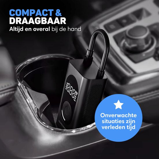 Vulpes Goods® Tech - Tragbare Kompressor-Reifenpumpe - 6400mAh - Elektrische Fahrradpumpe - Luftkompressor für Auto, Roller, Fahrrad, Ball und Luftbett - Inkl. 7 Aufsätze - Taschenlampe - Powerbank - Reiseetui - PRO