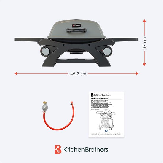 KitchenBrothers Gas BBQ - Table Top Barbecue - Tischgrill - Antihaftbeschichtung - 37x48 cm Grillfläche - Schwarz