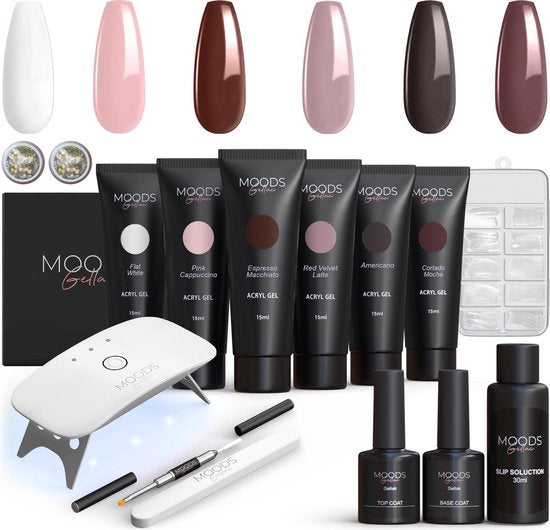 Moods Gellac Luxus Set - Polygel Nägel Starter Pack - Inklusive UV LED Lampe - 6 Farben - Coffee Nude