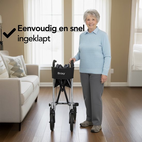 Brixy Rollator - leicht und faltbar - Sitzfunktion - Rückenlehne, Tasche und Gehstockhalterung - Grau