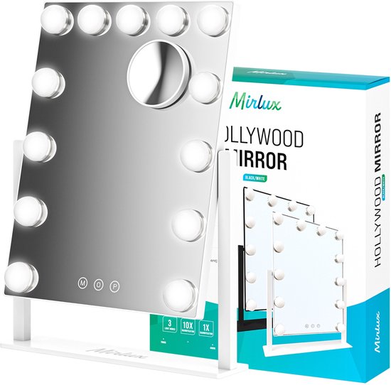Mirlux Make Up Hollywood-Spiegel mit Beleuchtung (44x30cm) - Vision - Dimmbare LED-Birnenbeleuchtung - 13 Lampen - Weiß