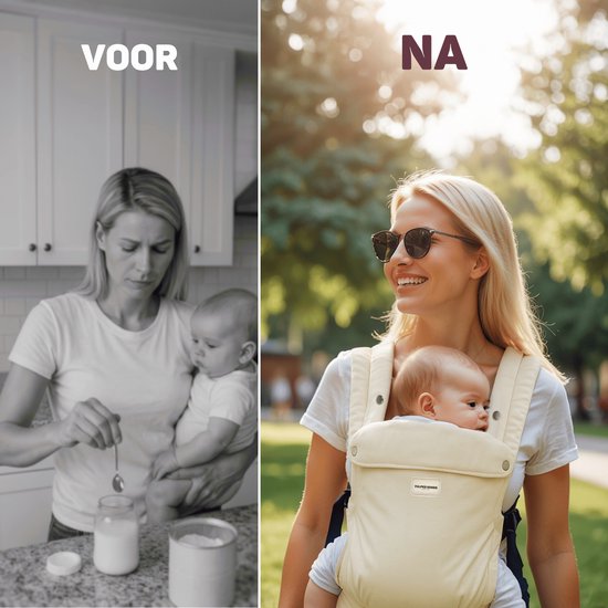 Vulpes Goods® BabyCare Babytrage - Ergonomisch - 0-36 Monate - Luxus-Bauchtrage bis zu 20 kg - OEKO-TEX® Baumwolle - Freihändiger Komfort - Mit Rückenstütze & M-Position - Creme