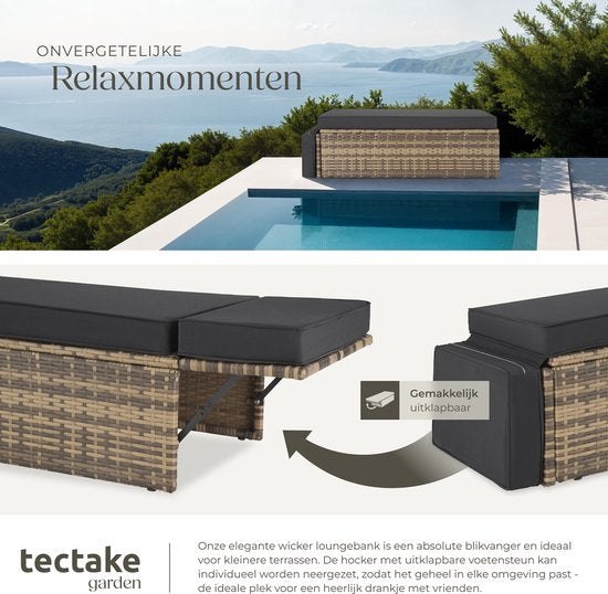 tectake® Lounge-Sofa aus Geflecht - Mit Ottomane - Für 2 Personen - Lounge-Sofa mit Sitz- und Rückenkissen - Wetterfest - Ideal für Terrasse, Wintergarten und Balkon - Maße Sofa (LxBxH) 119 x 64,5 x 71,5 cm - Natur