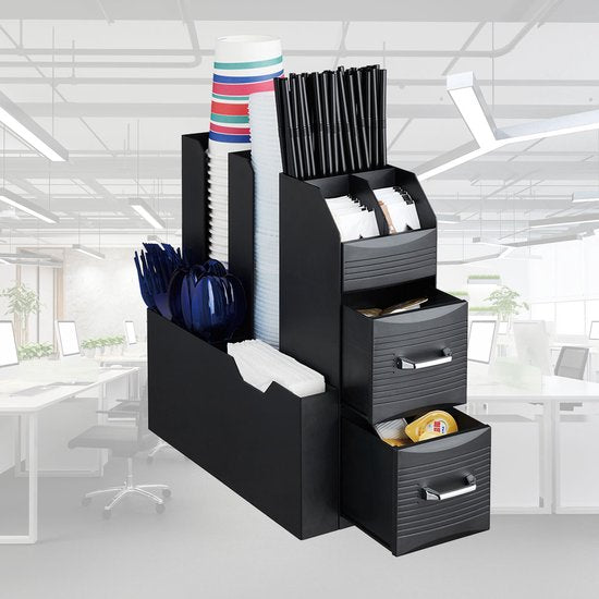 BRASQ Kaffee- und Tee-Organizer Schwarz - Platzsparender Küchen-Organizer mit 9 Fächern & 2 Schubladen - Coffee Station