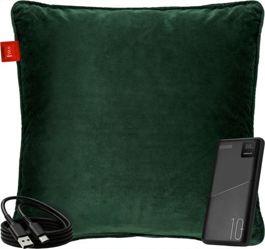 Coozie Wiederaufladbares Wärmekissen - Kabellos & verkabelt - 45-65°C - Samt - 45 x 45 cm - Dunkelgrün - Elektrisches Kissen - Inkl. Powerbank - Bis zu 8 Stunden Wärme