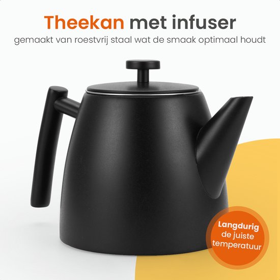 Goliving Teekanne mit Filter - 1 Liter - Teekanne - Doppelwandig - Edelstahl - Tee-Ei - Matt - Schwarz