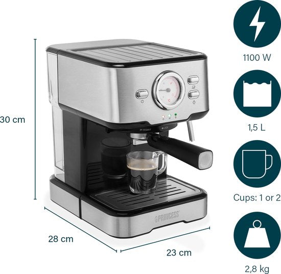 Kaffeemaschine - Princess 249412 Espressomaschinen für gemahlenen Kaffee - Mit Milchaufschäumer für Cappucino und Latte Macchiato - 2 Tassen - Verbraucherverband Best Buy