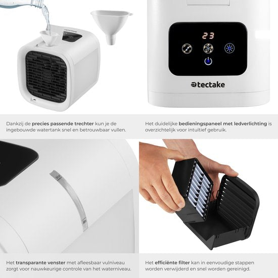 tectake® Air Cooler Frosty mit LED-Beleuchtung - 2 Kühlmodi - 8W - 3-in-1 Luftkühler mit Wasserreservoir - ohne Ablassschlauch - inklusive USB-Kabel und Trichter - Mini-Klimagerät - Weiß