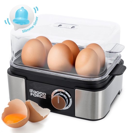 GoodForce Automatischer Eierkocher - Mit Timer - Mit Alarm - 6 Eier - Elektrisch - Inklusive Messbecher - Inklusive Eierstecher - Edelstahl - Spülmaschinenfest