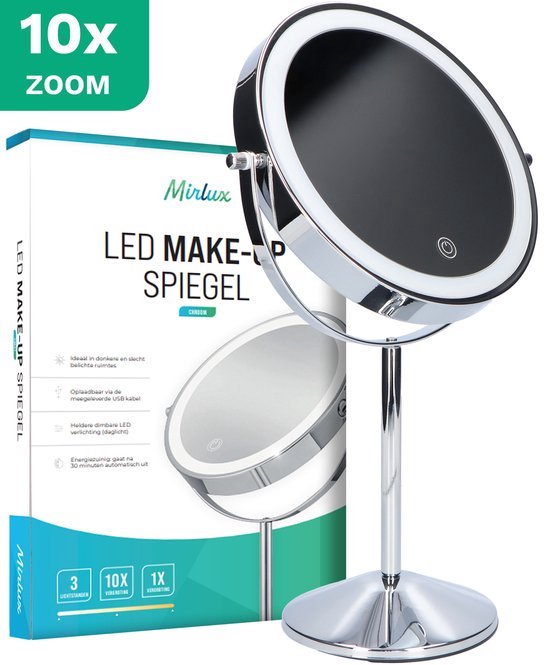 Mirlux Make Up Spiegel mit LED-Beleuchtung - 10x Vergrößerung - Rasierspiegel klein auf Fuß - 3 Lichtstufen - wiederaufladbar - Vergrößerungsspiegel Chrom