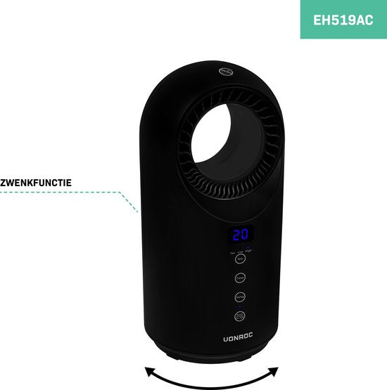 VONROC Elektroheizung - Heizlüfter - 1000W/1500W - Messerlos - Keramik - 3 Stufen - Inkl. Fernbedienung - Swing-Funktion - Thermostat und Timer - 15m2 - Schwarz