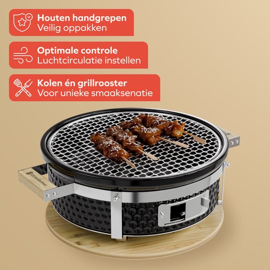 KitchenBrothers Kamado Hibachi Grill - PFAS frei - Holzkohlegrill - Shichirin Tischgrill - Rund BBQ - Keramikgrill - Schwarz