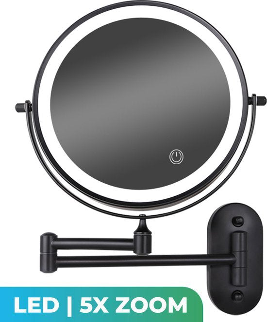 Make-up-Spiegel mit Led-Beleuchtung - 5X Vergrößerung - Wandspiegel rund - Rasierspiegel Wandmodell - Badezimmer - Dusche - Schwarz