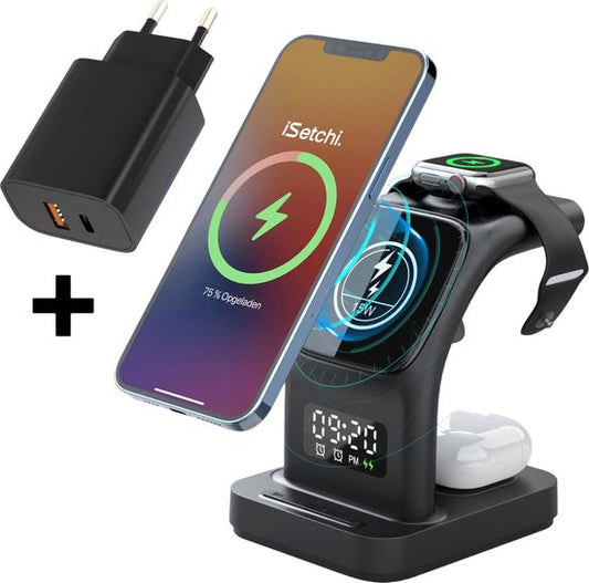 iSetchi MagSafe 5-in-1 Wireless Charger (15W USB-C Schnellladegerät) - Mit LED-Lampe, Digitaluhr & Weckfunktion - Geeignet für iPhone, Apple iWatch & Airpods - Wireless Qi Station - GSM Ladegerät
