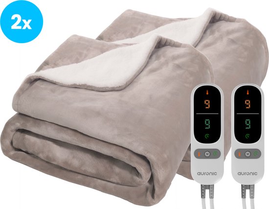 Auronic Electric Blanket - Duo Pack - Wärmedecke - Sherpa Fleece - 9 Wärmestufen - 180x130 - 1 Person - Taupe