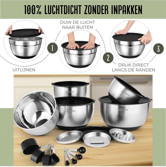 COOCK Edelstahl Rührschüsselset mit Deckel - Bratschüsseln mit Deckel - Vorratsschüssel mit Reibe - Schüssel für Salate & Mischungen - 22-teiliges Set 1,5 bis 5 Liter - Inkl. Messlöffel
