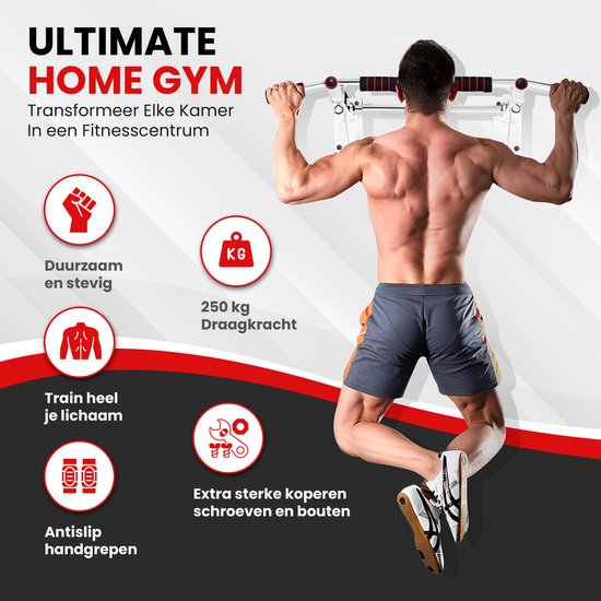 TTD® Premium Klimmzugstange - Klimmzugstation - Wandklimmzugstange - Dip Station - Dip Bars - Home Sports - Home Fitness - Hochwertige Materialien - Extra stabile Befestigungsteile - Heimtraining - Weiß/Rot