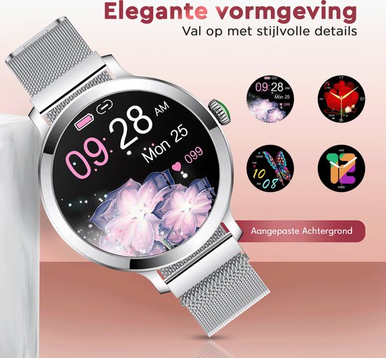 Golden Sound AMOLED Smartwatch Ladies - 3 zusätzliche Armbänder - Geeignet für jeden Laptop und jedes Smartphone - Schrittzähler - Schlafüberwachung - Sättigungsüberwachung - 40mm - Silber