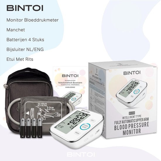 Bintoi® BX200 - Oberarm-Blutdruckmessgerät - Herzfrequenzmessgerät - Inkl. Aufbewahrungstasche und Batterien - 2 Benutzer