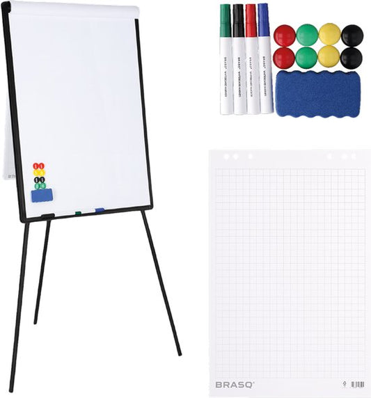BRASQ Flipchart - 70x100 cm - Verstellbares Whiteboard - Inklusive 25 Blatt Papier, 4 Marker, 8 Magnete, Radiergummi - Magnettafel mit Haken - Magnettafel - Schwarz
