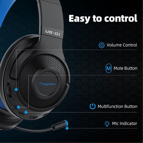 Fuegobird UG-01 2,4GHz Drahtloses Gaming-Headset - Bluetooth-Kopfhörer - Multiplattform - Geeignet für PS4/PS5, Nintendo Switch - Schwarz Blau
