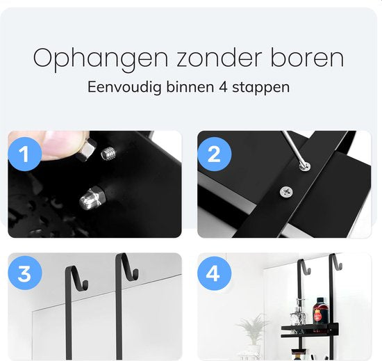 Duschablage - Teleskopisch, hängend und hängend ohne Bohren - 2 Lagen mit Haken - Schwarz - Luft