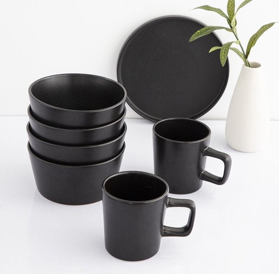 Deleca Kaffeetassen 6er Set - Kaffeetassen mit Ohr - Kaffeetassen / Becher - Massiv Steingut - Matt Schwarz / 360 ml