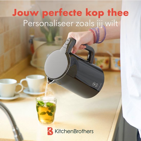 KitchenBrothers - Wasserkocher - Mit Temperaturregelung - Elektrisch - Kalkfilter - Warmhaltefunktion - Display - 1,7L - 2200W - Schwarz