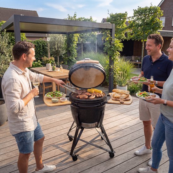 KitchenBrothers Kamado BBQ - 18 Zoll Holzkohlegrill - 38,5⌀ cm - Komplettset - Eiergrill mit Zubehör inklusive Abdeckung - Schwarz