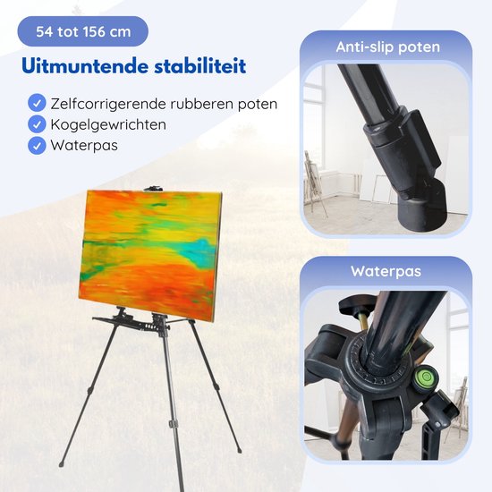 Hilvard - Staffelei für Erwachsene - Tisch Staffelei - Feld Staffelei - Verstellbar - Quick Grip & Release Bracket - Schwarz - Geeignet für Maltücher - Studio Staffelei - Inkl. Aufbewahrungstasche - 54 cm bis 156 cm