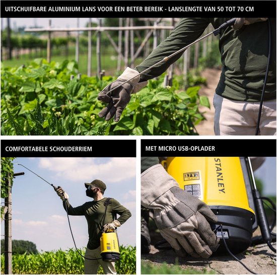 Stanley Drucksprühgerät 5 L, Drucksprühgerät, Gartensprühgerät, elektrisch, wiederaufladbare Lithium-Batterie, Teleskop-Lanze, verstellbare Düse, Autonomie 2,5 h, max 2 bar, 0,33 L/Minute, gelb/schwarz