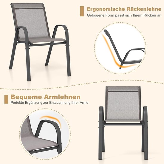 COSTWAY 4er-Set stapelbarer Gartenstühle, Stapelstühle mit Textil- und Metallgestell, Terrassenstühle mit Armlehnen, Balkonstühle, belastbar bis 150 kg, 56 x 70 x 84 cm, grau